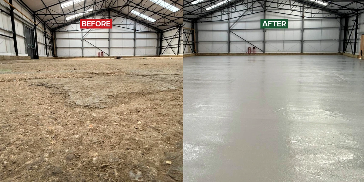 Before and After photo of a facility with a newly laid Flortex Professional Epoxy Floor
