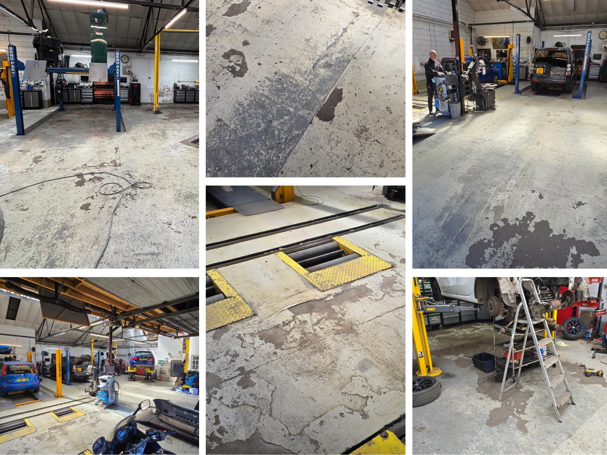 Oil soaked contaminated garage workshop floor